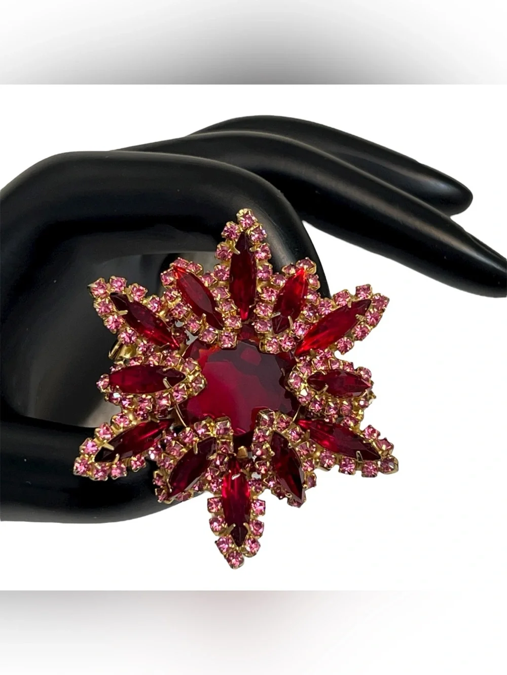 Vintage 1950s Unsigned High Tiered Ruby Red & Pink Rhinestone Starburst Brooch